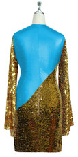 Short patterned dress with oversized sleeves in gold sequin spangles fabric and turquoise stretch ITY fabric Back View