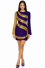 Show choir short patterned dress in metallic gold sequin fabric and stretch purple fabric with sleeves