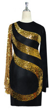 Short patterned dress in metallic gold sequin spangles fabric and stretch black fabric with oversized sleeves