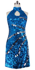 Short Dress With Chinese Collar In Turquoise Sequin Fabric With Hand Sewn Silver Metallic Sequin - front view