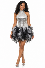 Show Choir Short Silver Sequin Fabric Dress With Black And Grey Strips Ruffle Skirt