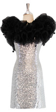 Short Silver Sequin Fabric Dress With Black Ruffles At Neckline Back View