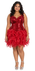 Show Choir Short Red Sequin Fabric Dress With Red Strips Ruffle Skirt