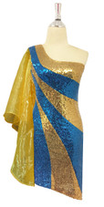 Short Turquoise And Gold Sequin Fabric Dress With One Shoulder Gold Ruffle Sleeve