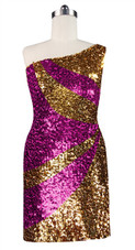 Short patterned dress in metallic gold and fuchsia sequin spangles fabric with one-shoulder cut front view