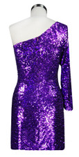 Short patterned dress in metallic purple and fuchsia sequin spangles fabric in a one-sleeve cut back view