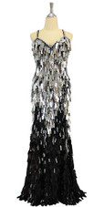 Long handmade sequin dress in rectangular black and metallic silver paillette sequins over black base fabric in a classic flared hemline cut front view