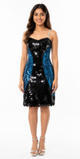 Show choir short patterned dress in blue and black sequin fabric with highlight paillettes sequins