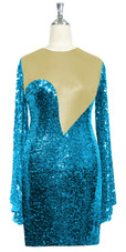 Short patterned dress with oversized sleeves in turquoise sequin spangles fabric and light gold stretch ITY fabric Front View