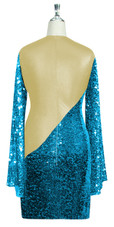 Short patterned dress with oversized sleeves in turquoise sequin spangles fabric and light gold stretch ITY fabric Back View