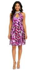 Show Choir Short Handmade Sequin Dress In Rectangular Fuchsia & Metallic Silver Paillette Sequins With Silver Beads
