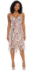 Show choir short handmade sequin dress, in 20mm iridescent peach paillette sequins with silver faceted beads