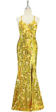 A long handmade sequin dress, in 10mm flat sequins with beads in metallic gold, hologram gold and light pearl peach geometric pattern dress front view