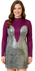 Show choir short patterned dress with sleeves in silver sequin fabric and purple stretch fabric
