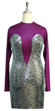 Short patterned dress with long sleeves in silver sequin spangles fabric and purple stretch ITY fabric front view