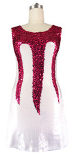 Short patterned dress with U-shaped neckline in white and fuchsia sequin spangles fabric front view