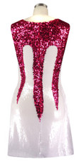 Short patterned dress with U-shaped neckline in white and fuchsia sequin spangles fabric back view