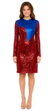 Show choir short patterned dress with sleeves in red sequin fabric and blue stretch fabric
