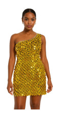 Show choir short handmade sequin dress in hologram gold paillette sequins with a one shoulder cut and a straight hemline Show choir short handmade sequin dress in hologram gold paillette sequins with a one shoulder cut and a straight hemline