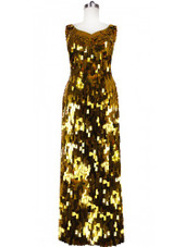 Long Handmade Rectangular Paillette Sequin Gown in Metallic Gold Front view