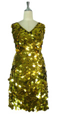 Short Handmade 30mm Paillette Hanging Metallic Gold Sleeveless Sequin Dress with V Neck front