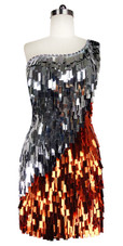 Short Handmade Rectangle Paillette Sequin Dress in Copper and Silver with One-shoulder Cut front view