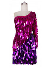 Short Handmade Rectangle Paillette Sequin Dress in Metallic Fuchsia and Purple and a One-Sleeve Cut front view