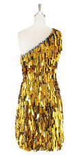 Short Handmade Rectangle Paillette Sequin Dress in Gold and Silver faceted beeds One-shoulder Cut back view