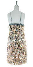 A short handmade sequin dress, in 20mm iridescent peach paillette sequins with silver faceted beads back view