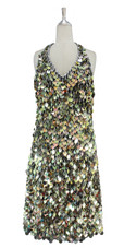 A short handmade sequin dress, in 20mm metallic iridescent gold paillette sequins with silver faceted beads front view