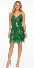 Show choir short handmade sequin dress, in metallic hologram emerald green paillette sequins