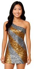 Show choir short patterned dress in metallic silver and gold sequin fabric in a one-shoulder cut