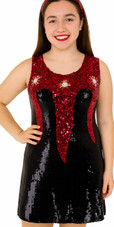 Show choir short patterned dress with U-shaped neckline in black and fuchsia sequin fabric