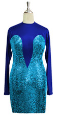 Short patterned dress with sleeves in turquoise sequin spangles fabric and blue stretch fabric Front View