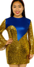 Show choir short patterned sleeved dress in gold sequin spangles fabric and blue stretch fabric