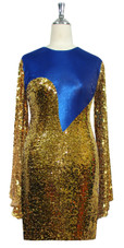 Short patterned dress with oversized sleeves in gold sequin spangles fabric and blue stretch ITY Front View