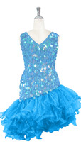 Short Handmade 20mm Paillette Hanging Iridescent Pastel Blue Sequin Dress with Diagonal Organza Hemline front view