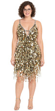 Show choir short handmade sequin dress, in hologram gold paillette sequins with silver faceted beads, a luxe grey fabric background and jagged, beaded hemline