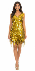 Show Choir Short Handmade Paillette Metallic Gold Sequin Dress with Beaded Hemline