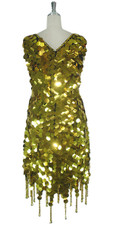 Short Handmade 30mm Paillette Hanging Metallic Gold Sequin Dress with Jagged, Beaded Hemline back view