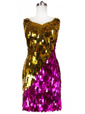 Short Handmade Rectangle Paillette Sequin Dress in Metallic Fuchsia and Gold and with a sweetheart neckline front view