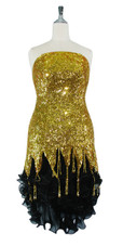 Short Handmade 8mm Cupped Sequin Dress in Metallic Gold with Black Chiffon Hemline and Bead Strands front view