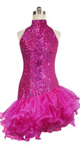 Short Handmade 8mm Cupped Sequin Dress in Metallic Fuchsia with Organza Ruffled Hemline and Chinese Collar Cut back view