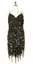 Short Handmade 20mm Paillette Hanging Black Sequin Dress with Gold Beads and Jagged, Beaded Hemline front view