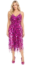 Short handmade sequin dress, in metallic fuchsia paillette sequins with silver faceted beads, a luxe grey fabric background and a jagged beaded hemline