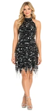 Short handmade sequin dress, in black paillette sequins with silver faceted beads, a Chinese collar and jagged, beaded hemline