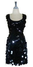 Short Handmade 30mm Paillette Hanging Black Sequin Sleeveless Dress with U Neck front