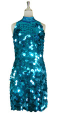 Short Handmade 30mm Paillette Hanging Metallic Turquoise Sequin Dress with Chinese Neckline front view