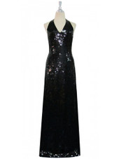 Long Handmade 10mm Flat Sequin Halter Neck Gown in Black front view