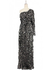 A long handmade sequin dress, in 30mm black paillette sequins with silver faceted beads and a luxe grey fabric background in a one-shoulder cut front view